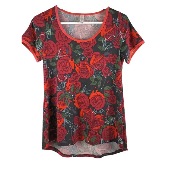 LuLaRoe Women's Sz XXS Red Roses Print Black Shirt Halloween Spiders Web - Picture 1 of 10